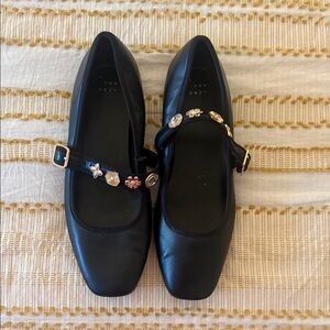 Black Mary Jane Flats with Floral Button Accents